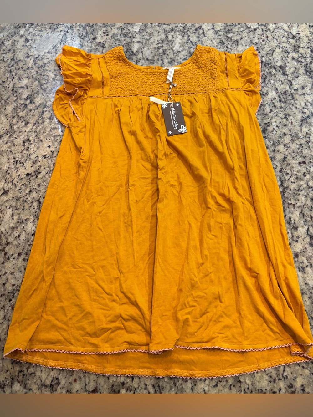 Matilda Jane Mustard Yellow with Pink Edging Ruffle Sleeve Smocked Yoke Top